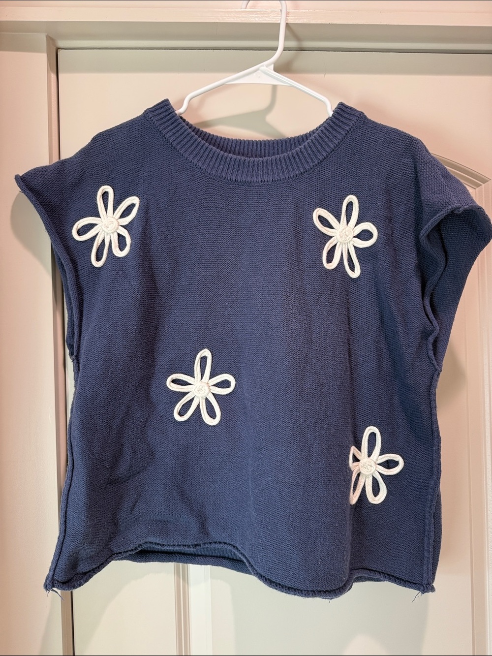 Navy Blue Floral Appliqué Knit Top